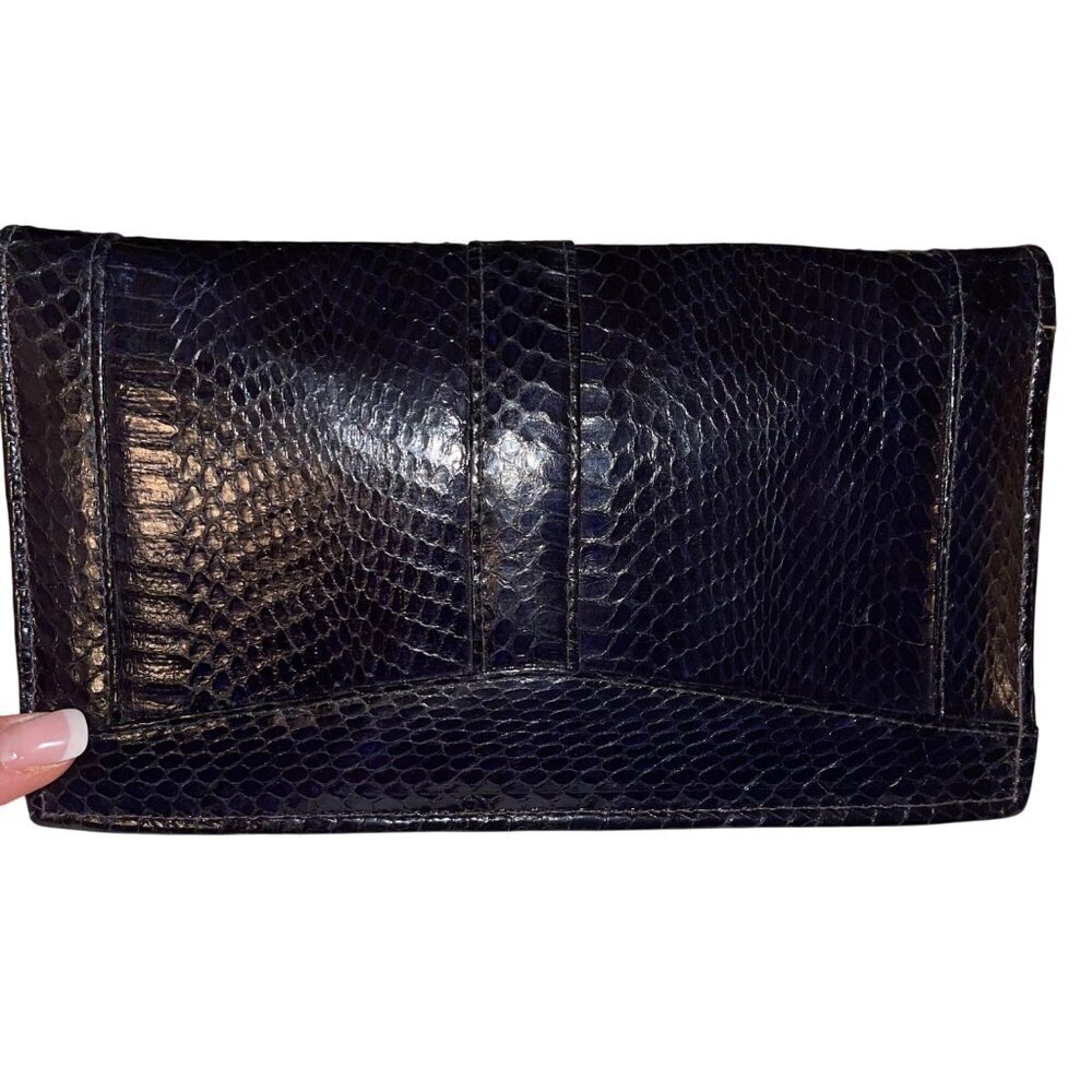 Vintage Womens Clutch Shoulder Bag Black Snakeskin Convertible
